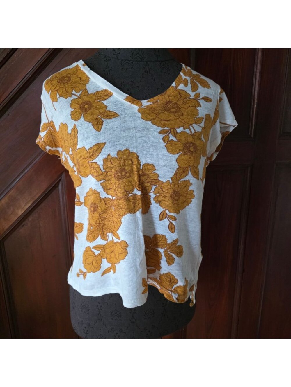 Cynthia Rowley Yellow Floral Linen V-Neck T-Shirt Womens M